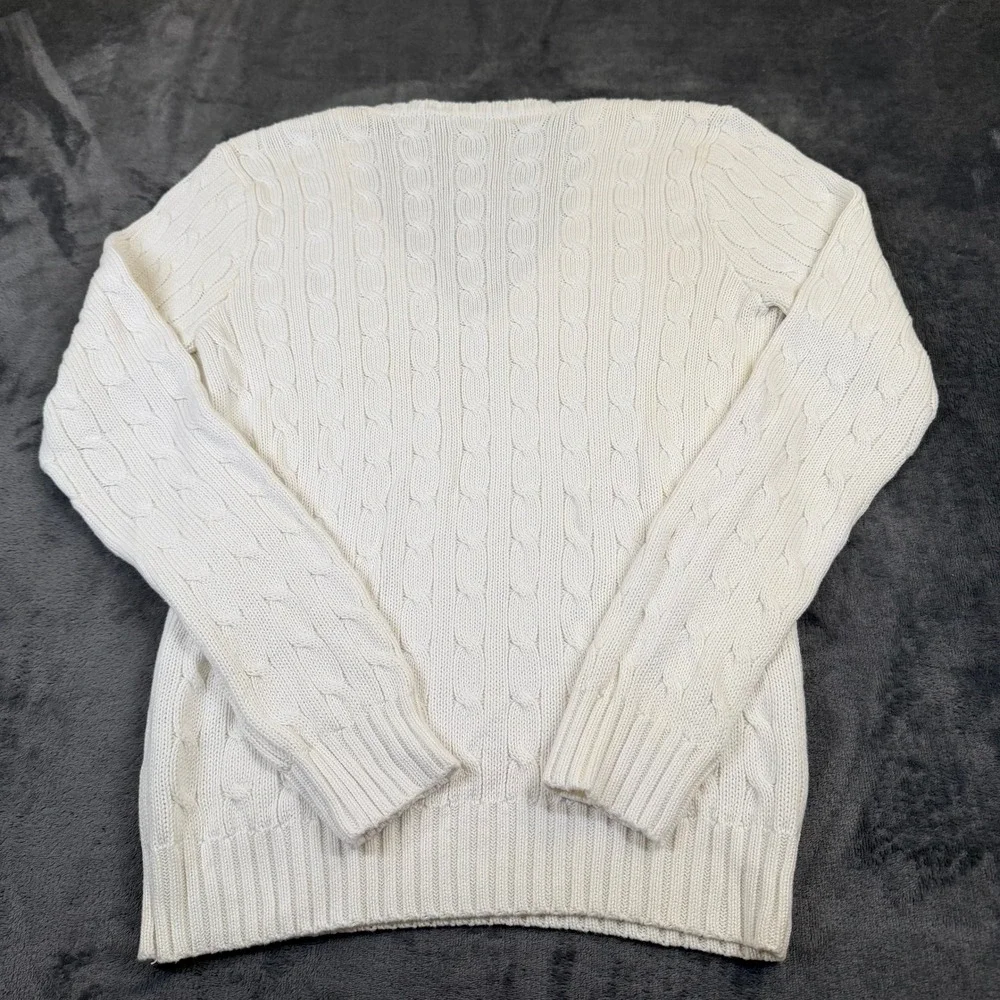 Ralph Lauren Sport Cable Knit Sweater Womens Large White V Neck Cotton - Picture 4 of 9